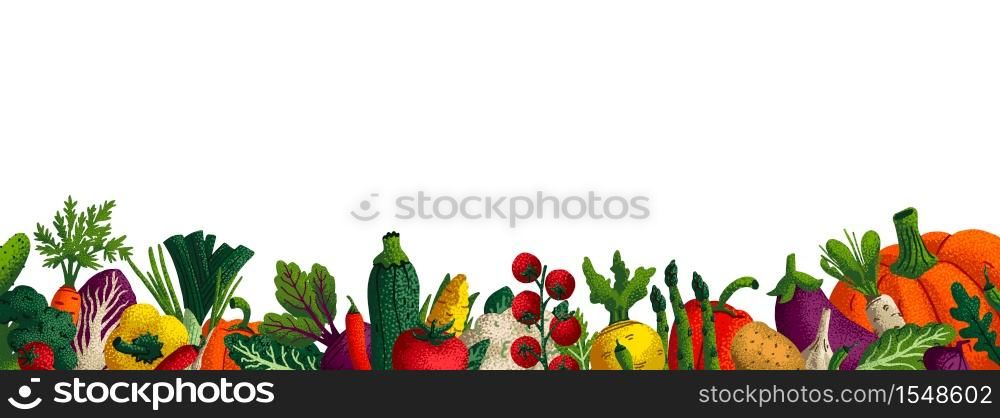 Wide horizontal vegetable background. Copy space. Variety of decorative vegetables with grain texture on white background. Farmers market, Organic food poster, cover or banner design. Vector. Wide horizontal vegetable background. Copy space. Variety of decorative vegetables with grain texture on white background. Farmers market, Organic food poster, cover or banner design. Vector.