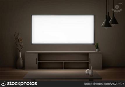 Wide lcd tv screen hanging on wall in living room at night. Modern house interior with flat plasma television set, stand and table. Vector realistic illustration of blank glowing screen in dark room. Living room with wide lcd tv screen at night