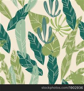 Wide leaves of monstera and fern, repeatable trendy background or print with flowers and wide leafage. Tropical foliage and bushes, hawaiian exotic theme. Seamless pattern, vector in flat style. Tropical leaves and foliage, floral pattern vector