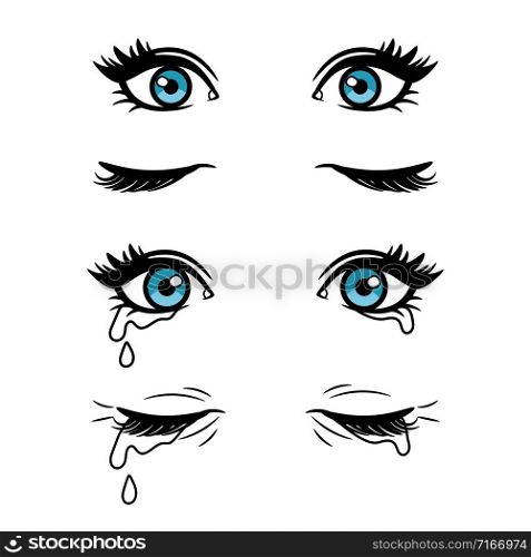 Wide open and closed vector cartoon female eyes. Crying blue eyes isolated on white background. Cartoon female eyes