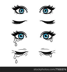 Wide open and closed vector cartoon female eyes. Crying blue eyes isolated on white background. Cartoon female eyes
