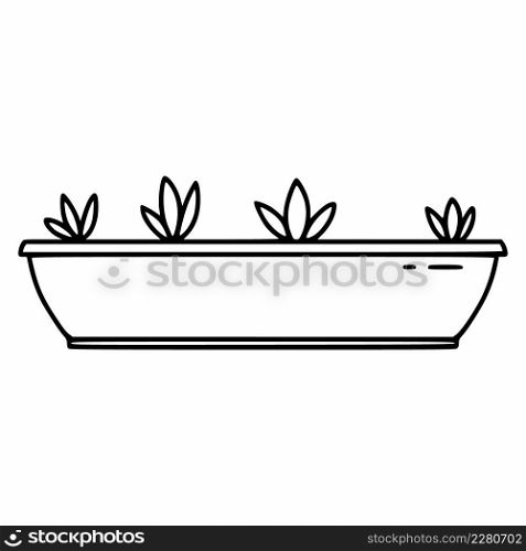 Wide pot with sprouts and seedlings in style of doodle.