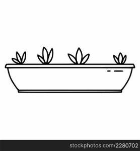 Wide pot with sprouts and seedlings in style of doodle.