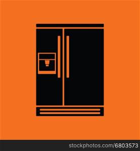 Wide refrigerator icon. Orange background with black. Vector illustration.