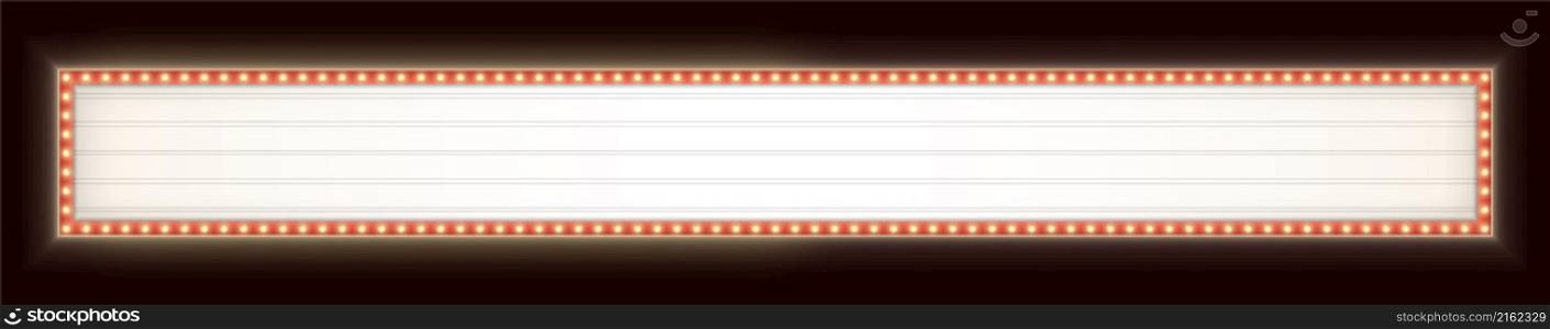 Wide retro lightbox with yellow light bulbs. Vintage theater signboard mockup. Red commercial announcement banner. Horizontal marquee billboard with lamps.. Wide retro lightbox with light bulbs. Vintage theater signboard. Horizontal marquee billboard with lamps.