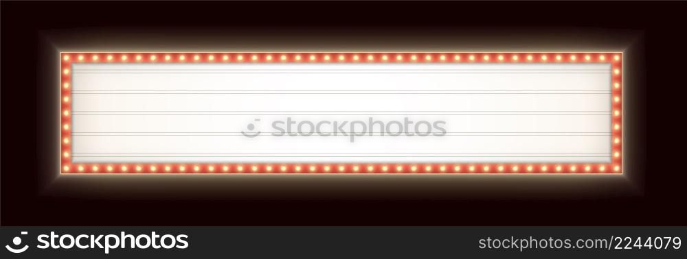 Wide retro lightbox with yellow light bulbs. Vintage theater signboard mockup. Red commercial announcement banner. Horizontal marquee billboard with lamps.. Wide retro lightbox with light bulbs. Vintage theater signboard. Horizontal marquee billboard with lamps.