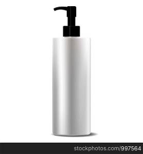 Wide white cleanser dispenser pump bottle. High quality cosmetic package design template. Vector illustration. Shampoo conditioner highlight activating cosmetics.. Wide white cleanser dispenser pump bottle. High quality cosmetic