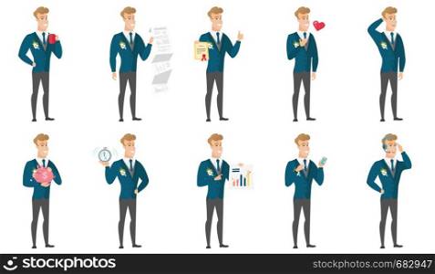 Widely smiling caucasian groom holding a pink piggy bank with a dollar sign. Full length of young groom with a piggy bank in hands. Set of vector flat design illustrations isolated on white background. Vector set of illustrations with groom character.