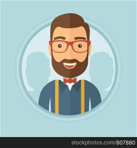 Widely smiling happy hipster businessman with beard standing with some shadows of his coworkers behind. Business teamwork concept. Vector flat design illustration in the circle isolated on background.. Professional business team vector illustration.