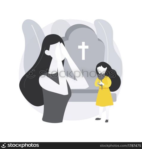 Widowed person abstract concept vector illustration. Spouse died, sorrowful elderly, grieving husband and wife, support group, loss of partner, funeral, gravestone, memory abstract metaphor.. Widowed person abstract concept vector illustration.