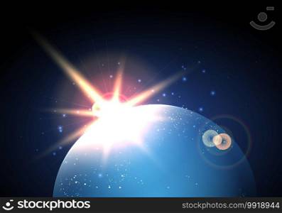 Wiew from space on planet Earth with Sunrise. Vector illustration.