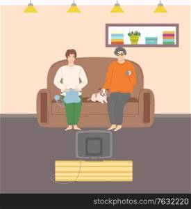 Wife and husband sitting together on sofa, man and woman watching TV, female knitting, male holding dog, couple portrait view, interior of room. Vector illustration in flat cartoon style. Couple Watching TV, Family Leisure at Home Vector
