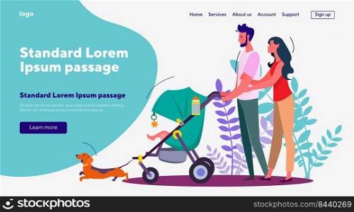 Wife and husband walking with baby in pram and dog. Couple strolling with kid and pet flat vector illustration. Family and parenting, pet animal concept for banner, website design or landing web page 