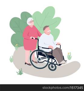 Wife helping disabled husband flat color vector faceless characters. Elderly couple, paraplegic man walking in park, family support isolated cartoon illustration for web graphic design and animation