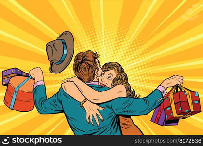 Wife hugs her husband with gifts, pop art retro vector illustration. Woman and man birthday