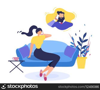 Wife Sitting on Sofa at Home and Calling Husband on Work Flat Vector Isolated on White Background. Woman Making Call to Client Support Line, Company Manager Answering Customers Question Illustration