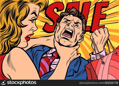 Wife strangles husband, shopping and sales. Wife strangles husband, shopping and sales. Pop art retro vector illustration cartoon comics kitsch drawing. Wife strangles husband, shopping and sales