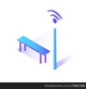 Wifi connecting hot spot with bench to sit isolated icon vector. Internet giving stand with traditional sign of network, public place get online connection. Wifi Connecting Hot Spot with Bench to Sit Icon