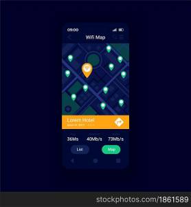 WiFi hotspot location map app smartphone interface vector template. Mobile app page design layout. Wi Fi acess points arouns world map screen. Flat UI for application. Phone display. WiFi hotspot location map app smartphone interface vector template