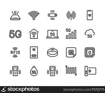 WiFi line icons. 5G Wireless technology and radio-frequency identification tags, WiFi router and electric circuit symbols. Vector set thin icon phone networks signals on white. WiFi line icons. 5G Wireless technology and radio-frequency identification tags, WiFi router and electric circuit symbols. Vector set