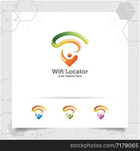 Wifi locator logo with modern glossy design . Map pointer and wifi signal symbol vector.