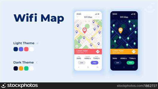 Wifi map cartoon smartphone interface vector templates set. Mobile app screen page day and dark mode design. Wi Fi hotspot world map UI for application. Phone display with flat character. Wifi map cartoon smartphone interface vector templates set