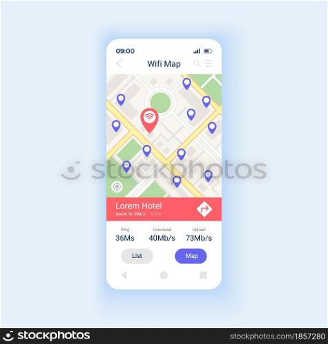 Wifi map smartphone interface vector template. Mobile app page design layout. Interner acess point around world. Wi Fi connection zone screen. Flat UI for application. Phone display. Wifi map smartphone interface vector template