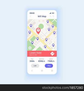 Wifi map smartphone interface vector template. Mobile app page design layout. Interner acess point around world. Wi Fi connection zone screen. Flat UI for application. Phone display. Wifi map smartphone interface vector template