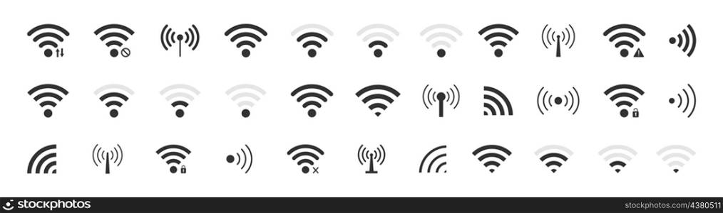 Wifi signal. Icon of wireless internet symbols. Set of sign for connect of network. Bar of satellites for mobile, radio, computer. Hotspot, strength electronic wave from antenna. Vector.