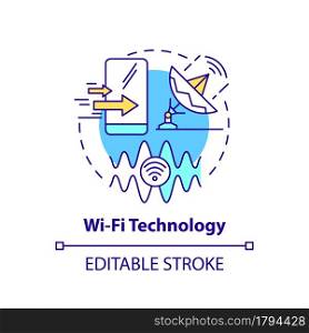 Wifi technology concept icon. Local area network abstract idea thin line illustration. Radio signal technology. Laptop and mobile connection. Vector isolated outline color drawing. Editable stroke. Wifi technology concept icon