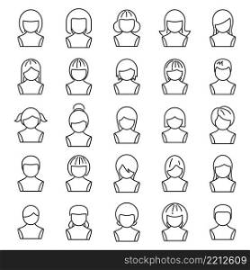 Wig icons set outline vector. Woman hair. Girl style. Wig icons set outline vector. Woman hair
