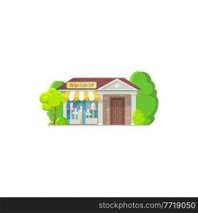 Wigs store isolated shop exterior building flat cartoon design. Vector most realistic human hair wigs shop colorful facade, fashion showroom. Boutique or mall building dummies with haircut. Shop facade exterior wigs store building isolated