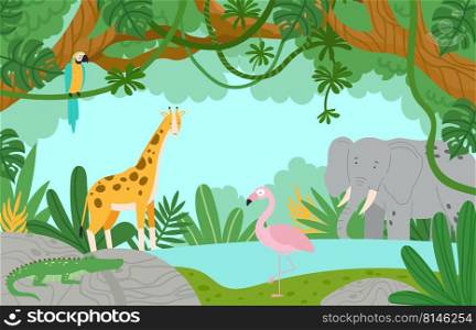 Wild african animal in the forest. Jungle with pond, lush foliage and trees. Giraffe, parrot, flamingo elephant and crocodile among vegetation. Rainforest with fauna, green environment vector. 2205 S ST Wild african animal in the forest