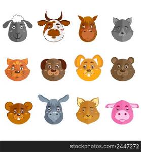 Wild and domestic animal cartoon characters collection for icons avatars or mascots isolated vector illustration