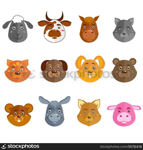 Wild and domestic animal cartoon characters collection for icons avatars or mascots isolated vector illustration