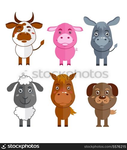 Wild and domestic animal cartoon characters icons set of cow donkey sheep and horse isolated vector illustration