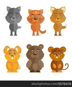 Wild and domestic animal cartoon characters icons set of wolf cat fox and bear isolated vector illustration