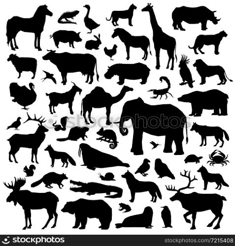 Wild and domestic animals and birds living in various climatic zones big black silhouette set isolated on white background vector illustration. Animals Suilhouette Big Set