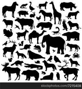 Wild and domestic animals and birds living in various climatic zones big black silhouette set isolated on white background vector illustration. Animals Suilhouette Big Set