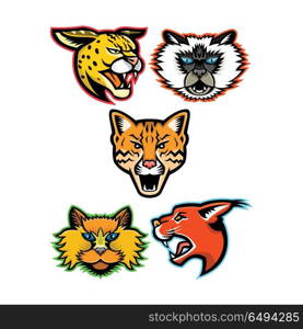 Wild and Domestic Cats Collection Series. Sports mascot icon set of heads of wild and domestic cats like the serval, Himalayan cat, ocelot, Selkirk Rex cat and the caracal cat viewed from side on isolated background in retro style.. Wild and Domestic Cats Collection Series