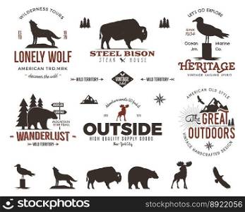 Wild animal badges set and outdoors activity vector image-Outdoors ,Badges ,Animal ,T
