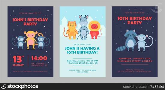 Wild animal birthday invitations set cartoon vector illustration. Cute beasts template for birthday party. Lion, panda, monkey, giraffe characters in colorful design. Party, animal, nature concept
