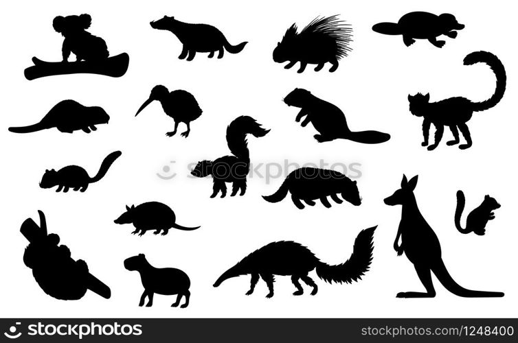 Wild animal black silhouettes of hunting sport and zoo vector design. Kangaroo, koala bear, badger and beaver, platypus, kiwi bird, porcupine and lemur, echidna, capybara and armadillo wild animals. Zoo and hunting animal black silhouettes