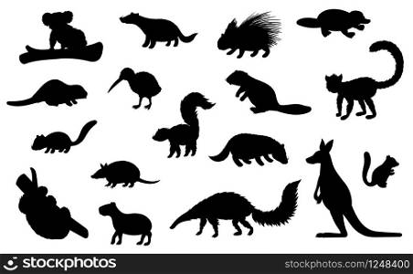 Wild animal black silhouettes of hunting sport and zoo vector design. Kangaroo, koala bear, badger and beaver, platypus, kiwi bird, porcupine and lemur, echidna, capybara and armadillo wild animals. Zoo and hunting animal black silhouettes