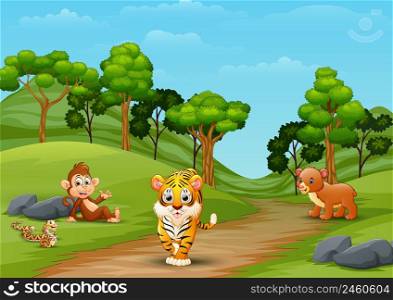 Wild animal cartoon playing in the jungle