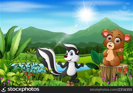 Wild animal cartoons with beautiful green scenery