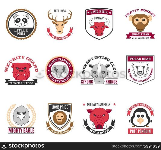 Wild Animal Labels Set. Wild animal labels set with mighty eagle and evil bull company symbols flat isolated vector illustration