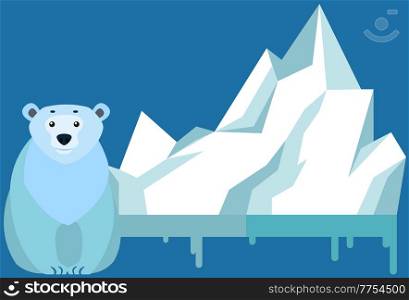 Wild animal living in antarctica vector illustration. Large mammal with white fur from north. Polar bear against background of iceberg. Melting glacier with flowing water, mountain made of ice. Polar bear against background of iceberg. Melting glacier with flowing water, mountain made of ice