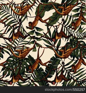 Wild animal monkeys on creepers liana on the tropical leaves background seamles tropical pattern composition