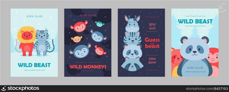 Wild animal posters set cartoon vector illustration. Cute beasts for kids club, wild quiz. Lion, panda, monkey, giraffe characters in flat colorful design. Game, animal, nature, zoo, circus concept